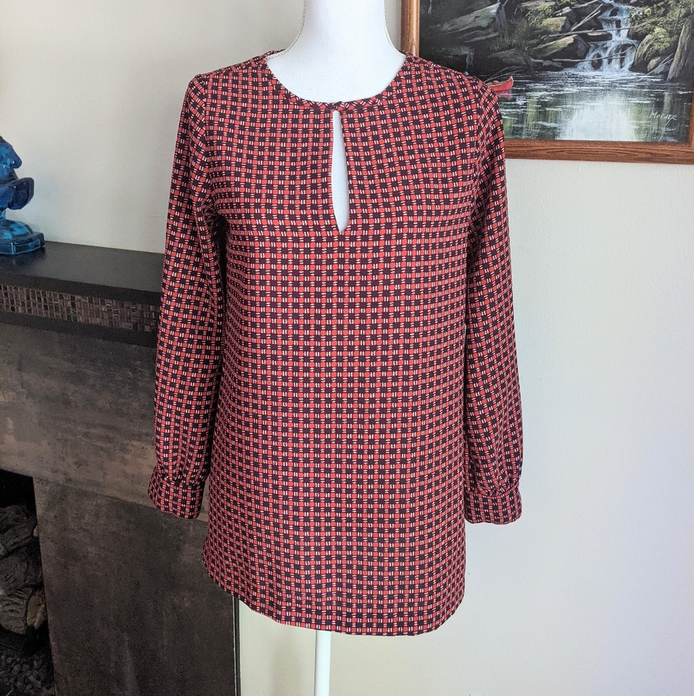 Joie Women's XS Loose Fit Keyhole Check Geometric Long Sleeve Long Blouse 127